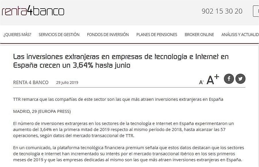 Las inversiones extranjeras en empresas de tecnologa e Internet en Espaa crecen un 3,64% hasta junio